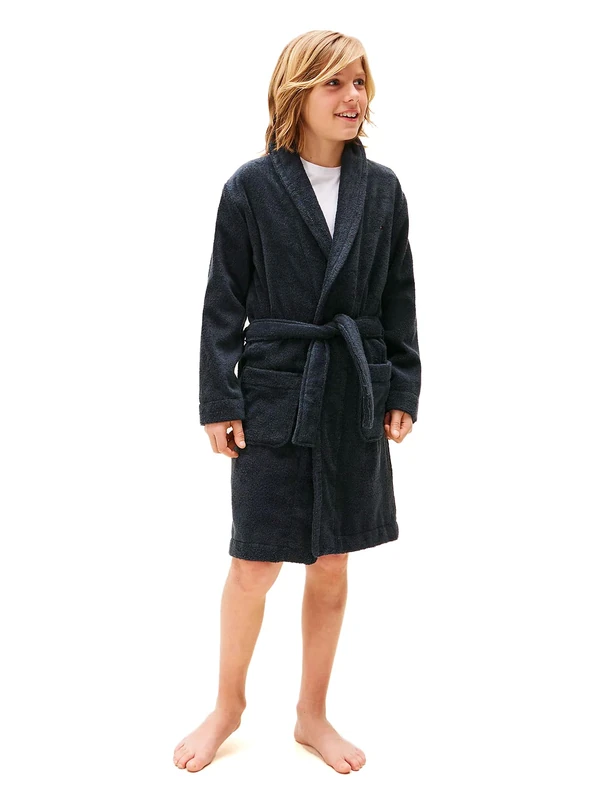 Tommy Hilfiger Kids’ Unisex Towelling Bathrobe with Belt, Blue (Desert Sky), L