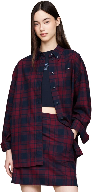Tommy Jeans Women's Tjw Rlx Tartan Check Shirt Ext Dw0dw18878 L/S Shirt, Red (Rouge Winter Check), XS