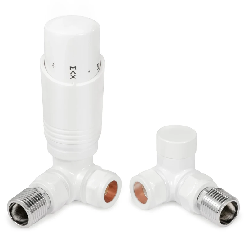 VANCOCO Glossy White Thermostatic Radiator Valves 15mm (TRV) with Lockshield, 1/2"×15mm Corner Radiator Thermostat Valve, H62 Brass, Energy Saving Modern TRV for Central Heating Syetem