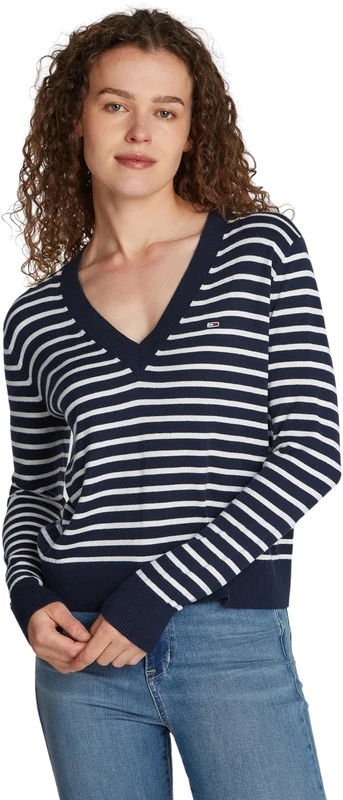 Tommy Jeans Women's Tjw Essential Vneck Sweater Ext Dw0dw18670 Pullover Sweater, Blue (Navy / White Stripe), M