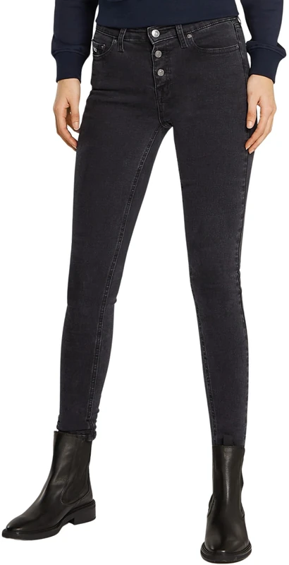 Tommy Jeans Women’s Nora Mid Rise Skinny Fit Jeans with Button Placket, Black (Denim Black), 24W/30L