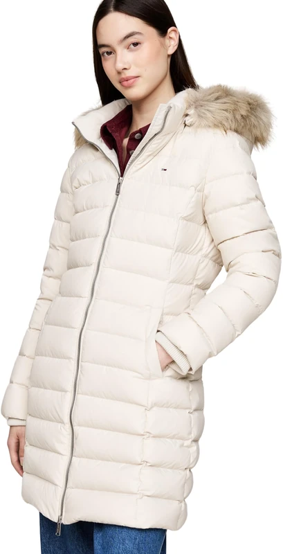 Tommy Jeans Women’s Essential Hooded Down Coat with Faux Fur, Off-White (Newsprint), XXS