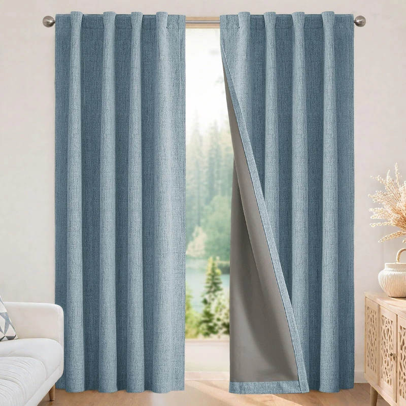 Joydeco Natural Linen Curtains 84 inch Length 2 Panels Set Burg 100% Blackout Long Drapes for Bedroom Living Room Black Out Darkening Curtain Thermal Insulated Back tab Rod Pocket(52x84 inch,Sky Blue)