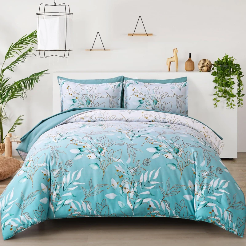 WONGS BEDDING Aqua Comforter Set King Size, 7 Pieces Aqua Botanical Bed in a Bag Comforter Complete Golden Leaves Gradient Bedding Bedding Set for All Season with Sheets,Pillowcases & Shams