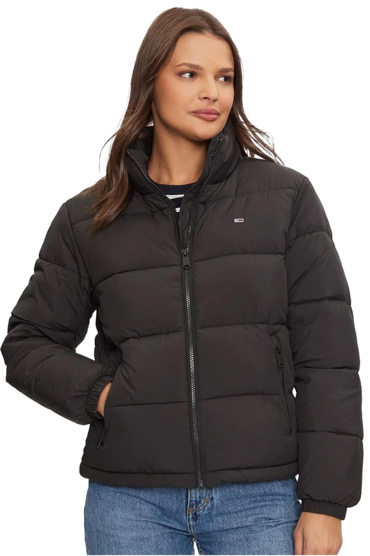 Tommy Jeans Women’s Essential Cropped Puffer Jacket with Collar, Black (Black), XL