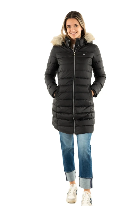 Tommy Jeans Women’s Essential Hooded Down Coat with Faux Fur, Black (Black), XXS
