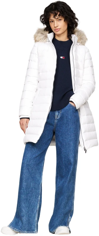 Tommy Jeans Women’s Essential Hooded Down Coat with Faux Fur, White (White), XXS