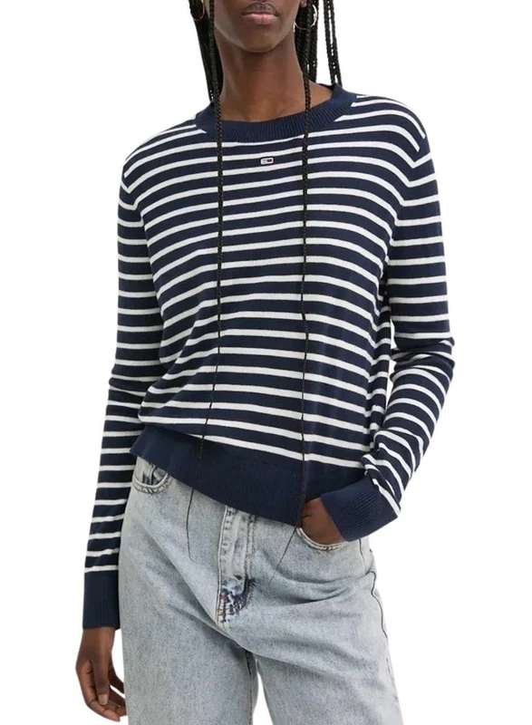 Tommy Jeans Women's Tjw Essential Crew Neck Sweater Dw0dw17254 Pullovers, Blue (Navy / White Stripe), XL