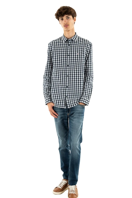 Tommy Jeans Men's TJM REG POPLIN CHECK SHIRT DM0DM19655, Blue (Dark Night Navy Small Check), S