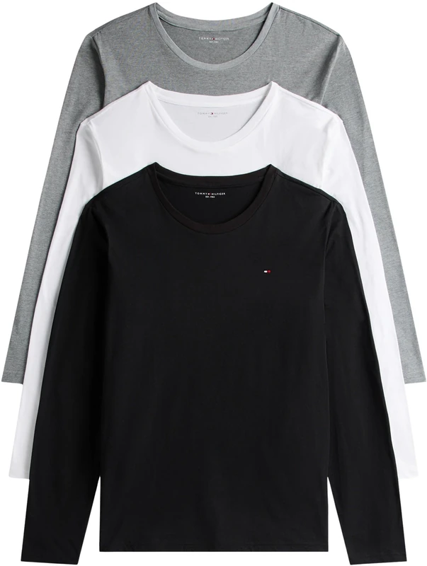 Tommy Hilfiger Men’s 3 Pack Round Neck Long Sleeve Tops, Multicolor (White/Black/Grey Heather), XXL