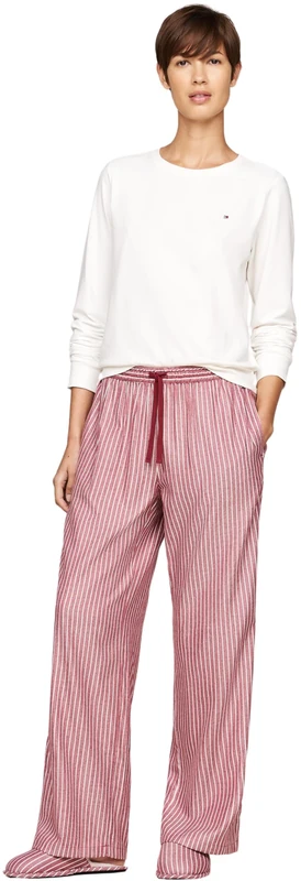 Tommy Hilfiger Women's Warm Flannel Bottoms & Slippers Pyjama Set, Multicolor (Ivory/Pinstripe Rouge), XS