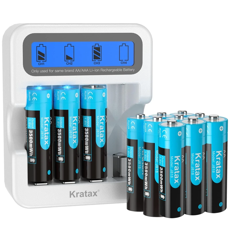 Kratax 12-Pack AA Rechargeable Batteries with LCD Charger, 3500 mWh High Capacity 1.5V Lithium AA Battery, Max 3A Current,1600 Long Cycles - Home&Office Use|Blink Camera|VR/Xbox GamingPad|RC Car,etc.