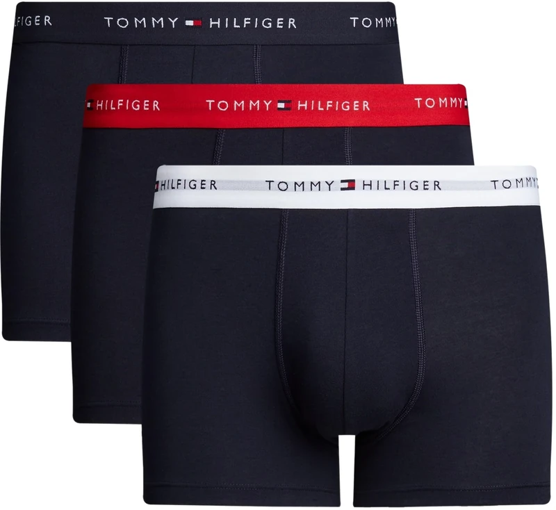 Tommy Hilfiger Men’s 3 Pack Trunks with Logo Waistband, Multicolor (Primary Red/White/Desert Sky), S