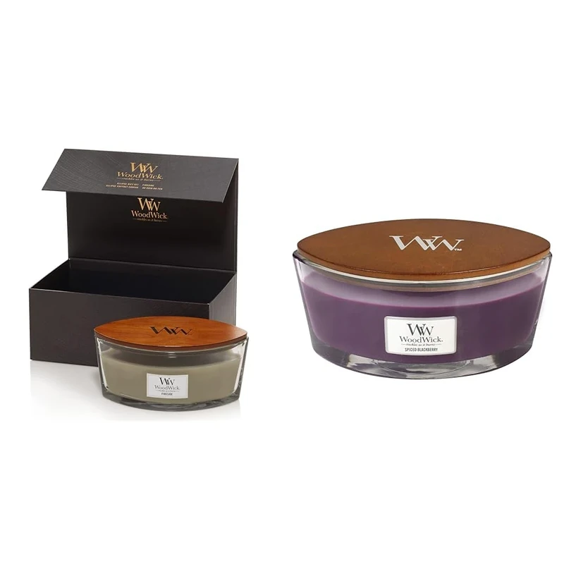 WoodWick Scented Candles Gift Set Fireside Ellipse Scented Candle with Crackling Wick Up to 50 Hours Burn Time Gift Box 1 Count & Ellipse Scented Candle with Crackling Wick, Spiced BlackBerry