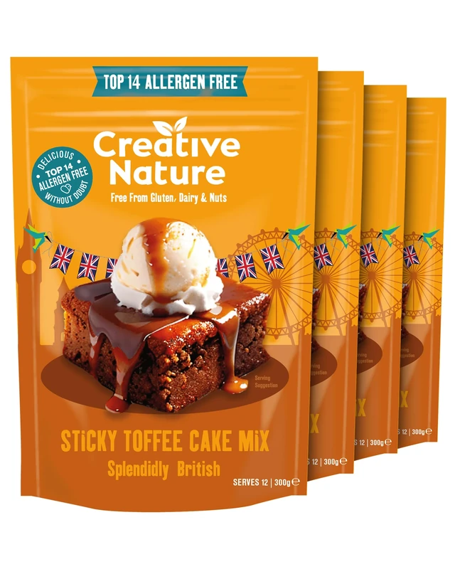 Gluten Free Cake Mix | Creative Nature Vegan Sticky Toffee Pudding Mix | Nut Free, Dairy Free Baking Mix | Top 14 Allergen Free | 4 Pack