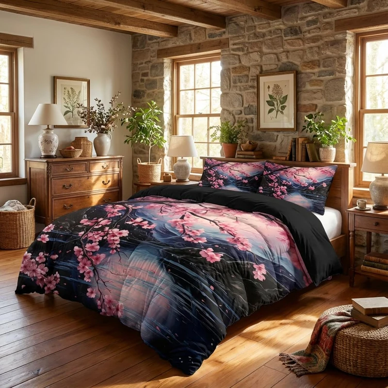 CCoutueChen Japanese Style Cherry Blossom Comforter Set Queen Size Red Black Floral Painting Bedding for Girls Kids Women Modern Aesthetics Comforter 3Pcs Soft Lightweight Down Alternative Comforter
