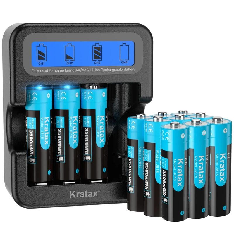 Kratax 1.5 V AA Rechargeable Lithium Battery, 3500 mWh High Capacity, Max 3A Current，1600 Long Cycles, 12 x AA Lithium Batteries with Black LCD Charger, for Blink Camera VR/AR Headset Xbox Controller