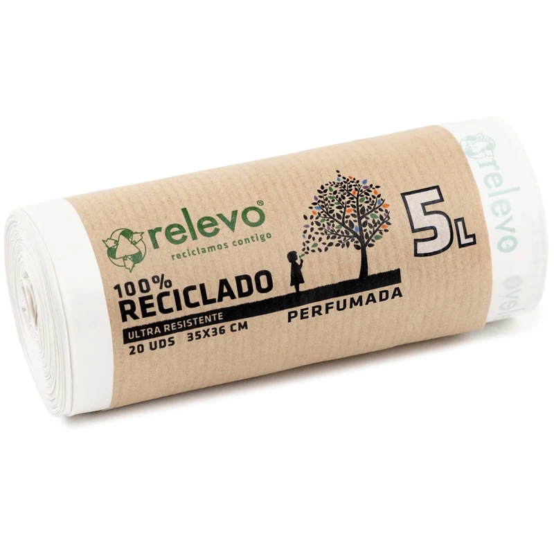 Relevo Small White Drawstring Bin Bags - 5L (Width 35 cm x Height 36 cm), 20 Bags per Roll | Scented & Extra Strong | 100% Recycled LDPE from Greenhouses | Blue Angel Certified