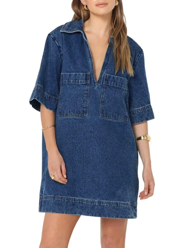 Fisoew Womens Denim Shirt Dress Summer Collared V Neck Mini Casual Jean Dresses with Pockets, Blue, XL