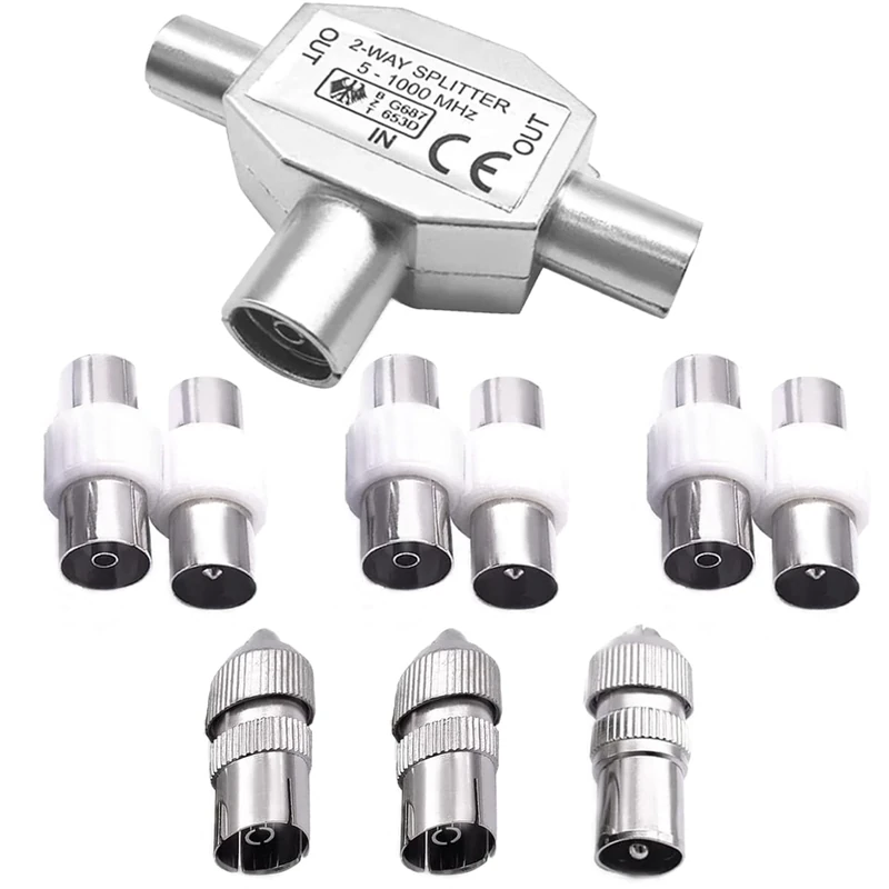 BJFITIFY TV Aerial Splitter 2 Way, Cable TV Coax Splitter 1 Female to 2 Male with Female and Male TV Aerial Connector Coaxial Digital Aerial Male to Male and Female to Female Aerial Connectors