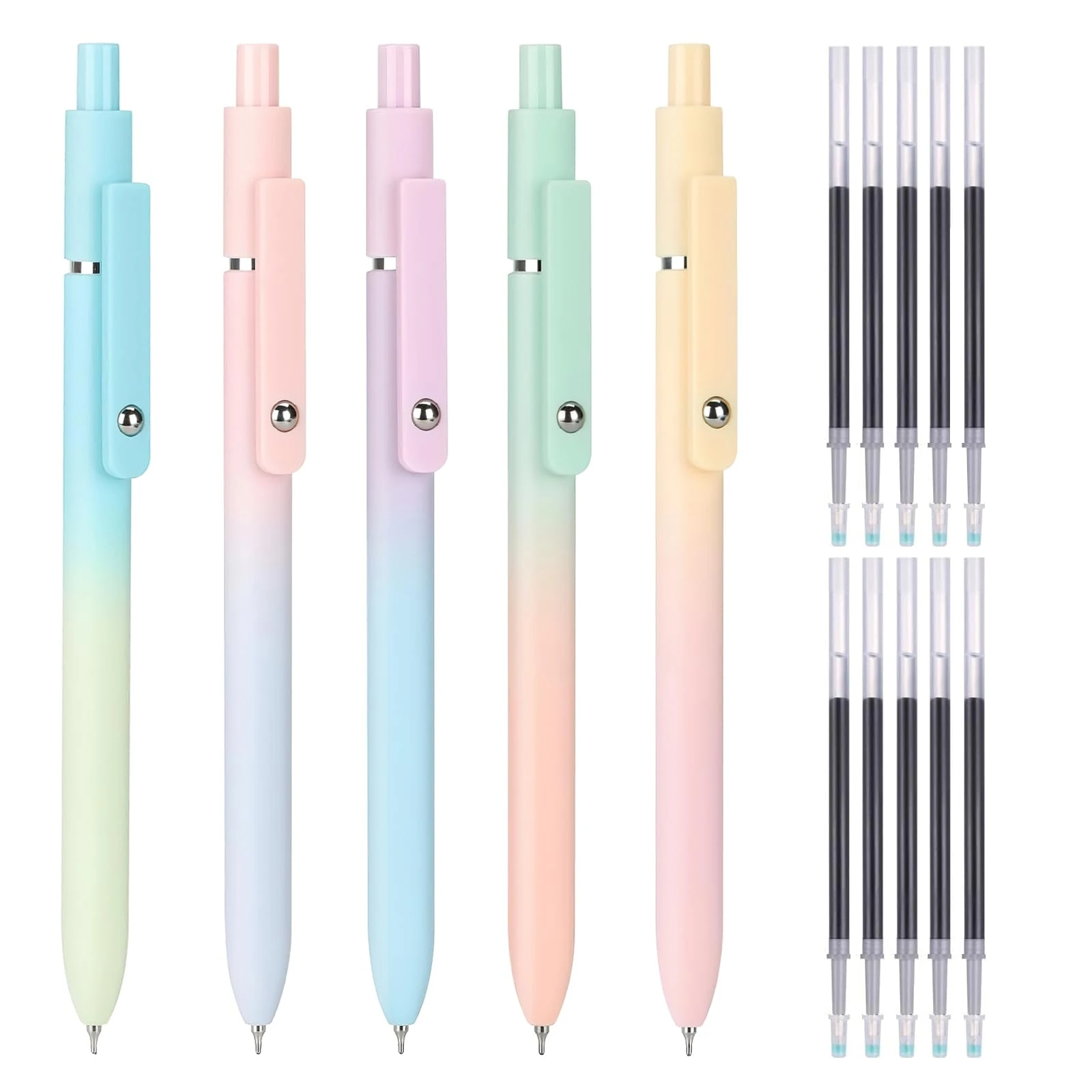 FINEASY 5 PCS Gel Pens,0.5mm Retractable Rollerball Pens Ballpoint Pens Black Ink Smooth Writing for School Office Home,10 Additional Refills (Aurora Accent)