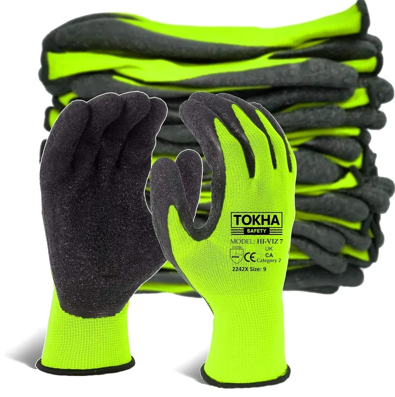 TOKHA SAFETY Thermal Work Gloves - HI Viz Latex Grip, Large (6 Pairs)