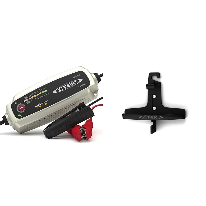 CTEK MXS 5.0 Battery Charger with Automatic Temperature Compensation, Black & 40-006 Mounting Bracket for Chargers, 3.8-5.0 A - Black
