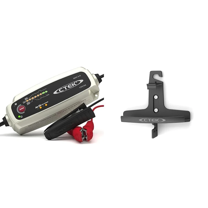 CTEK MXS 5.0 Battery Charger with Automatic Temperature Compensation, Black & 40-132 Bracket for Vehicle Battery Charger,Black,15 x 9.8 x 12.6 cm; 68 Grams