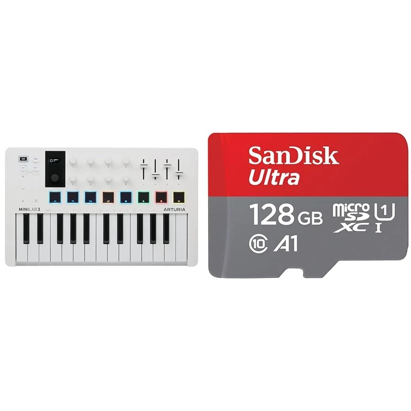 Arturia - MiniLab 3 - Universal MIDI Controller for Music Production, with All-in-One Software Package - 25 Keys, 8 Multi-Color Pads. - White & SanDisk 128GB Ultra microSDXC card + SD adapter