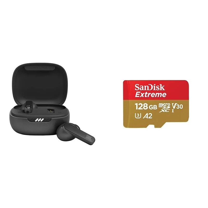 JBL Live Pro 2 TWS Earphones, In Ear, Noise Cancelling Bluetooth Earphones with 40 hours of Battery Life, Water Resistant Black & SanDisk 128GB Extreme microSDXC card + SD adapter + RescuePRO Deluxe