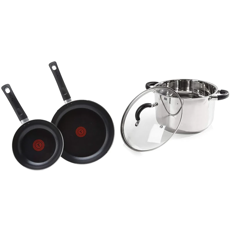 Tefal Taste Twin Pack, Aluminium Frying Pans, Pan Set, Pans 20 cm and 28 cm Diameter, Non-Stick, Black, Pack of 2, B189S244 & Tower T80837 Casserole Dish, 24cm- Stainless Steel, Silver