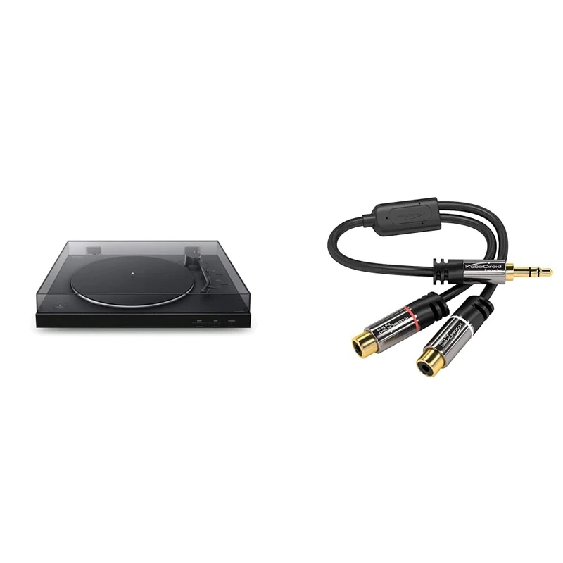 Sony PS-LX310BT Bluetooth Turntable with built-in Phono Pre-Amp, 2 speeds and 3 gain modes, Black & KabelDirekt – 0.2m 3.5mm to RCA Adapter (Adapter 2 x RCA female to 3.5mm male) PRO Series