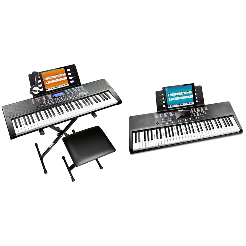 Rockjam 61-Key Keyboard Piano Kit with Keyboard Stand, Piano Bench, Headphones, Piano Note Stickers & Lessons, RJ660-SK, Black & 61-Key Compact Keyboard with Sheet Music Stand, Power Supply