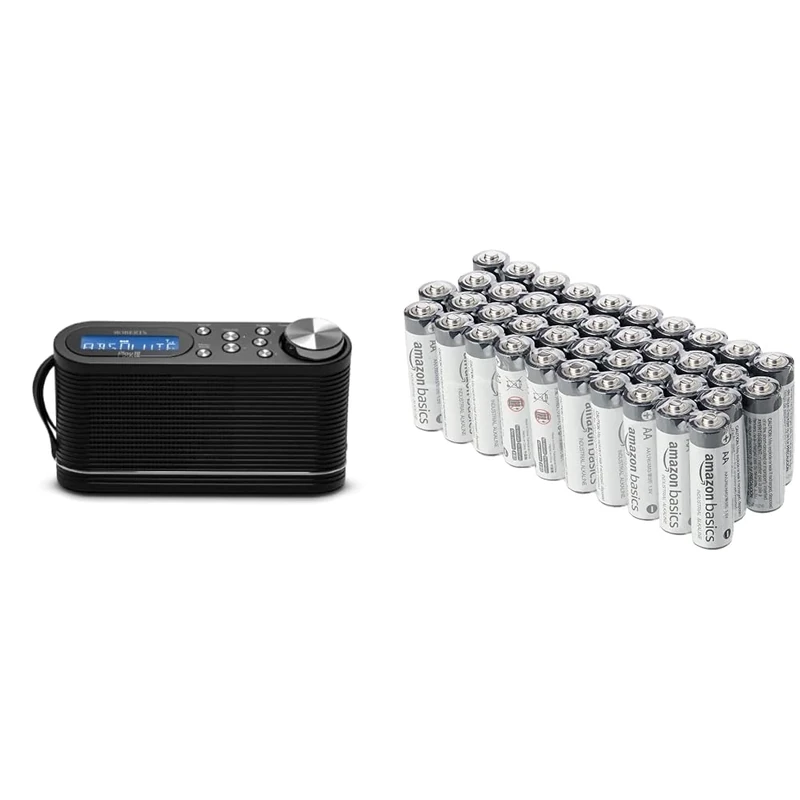 Roberts Play10 DAB/DAB plus/FM Digital Radio with Simple Presets - Black & Amazon Basics AA Alkaline Batteries, Industrial Double A, 5-Year Shelf Life, 40-Pack