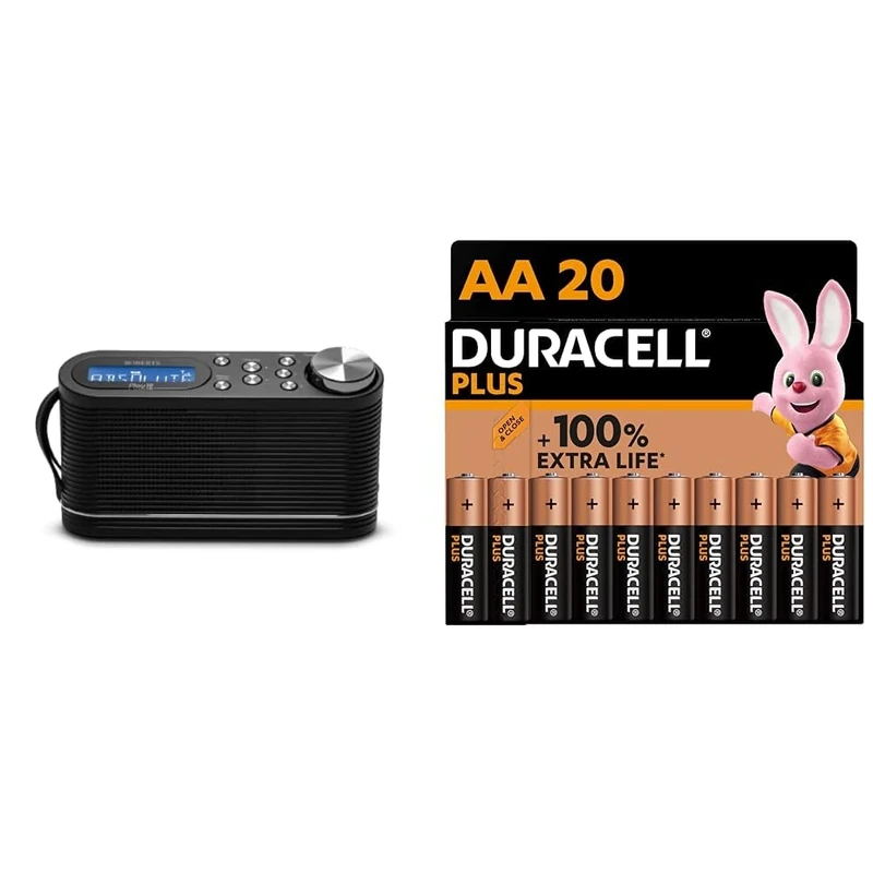 Roberts Play10 DAB/DAB plus/FM Digital Radio with Simple Presets - Black & Duracell Plus AA Batteries - Alkaline 1.5V - Up To 100% Extra Life - 0% Plastic Packaging - 10 Year Storage - LR6 MN1500