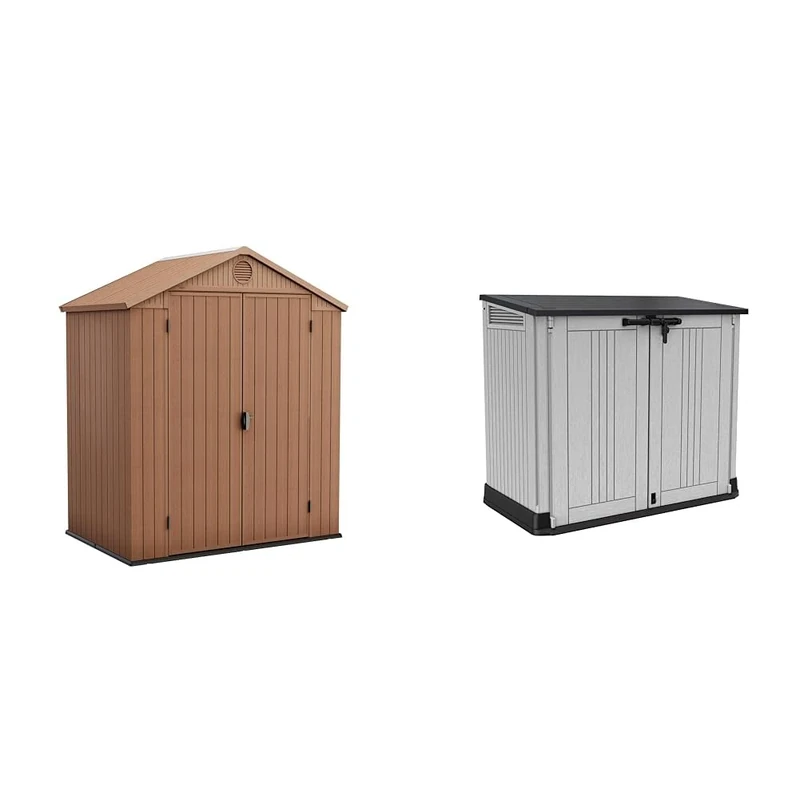 Keter Darwin Outdoor Apex Double Door Garden Storage Shed 6 X 4ft Brown Wood Look And Feel & Store It Out Nova Outdoor Garden Furniture Storage Shed Light Grey with Dark Grey Lid