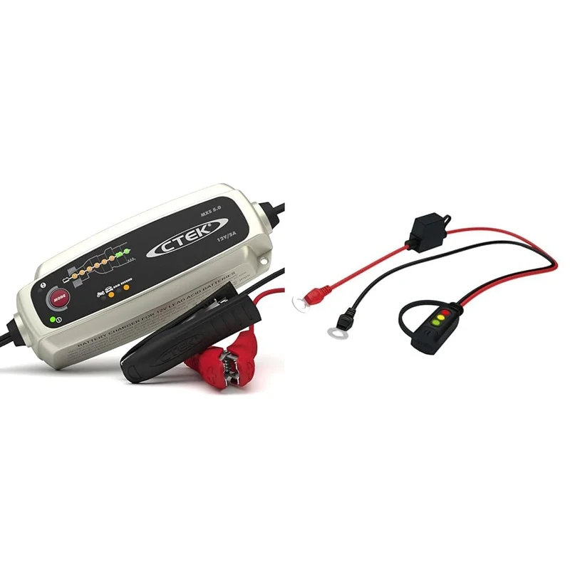 CTEK MXS 5.0 Battery Charger with Automatic Temperature Compensation, Black & 40-133 Start/Stop CT5 Indicator Eyelet M8, Green,Red,Yellow