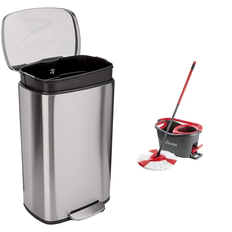 Amazon Basics Rectangular Kitchen Bin With Steel Bar Pedal, Soft-Closing Mechanism For Home and Office Use, 50 Liter/13.2 Gallon & Vileda Turbo Microfibre Mop And Bucket Set