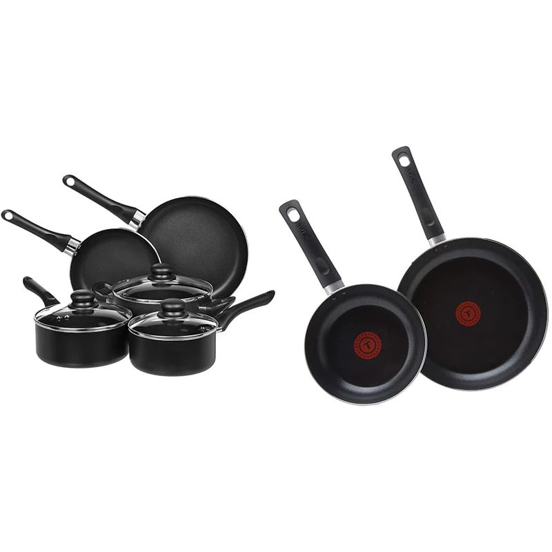 Amazon Basics 8-Piece Non-Stick Cookware Set, Black & Tefal Taste Twin Pack, Aluminium Frying Pans, Pan Set, Pans 20 cm and 28 cm diameter, Non-Stick, Black, Pack of 2, B189S244