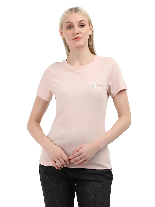 Calvin Klein Jeans Women's 2 Pack Monologo Slim Short Sleeve Round Neck T-Shirts, Multicolor (Peach Whip/Bright White), XS