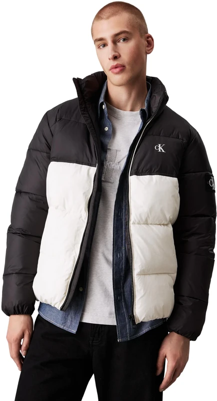 Calvin Klein Jeans Men's Transitional Puffer Jacket, Multicolor (Ivory/Ck Black), XL