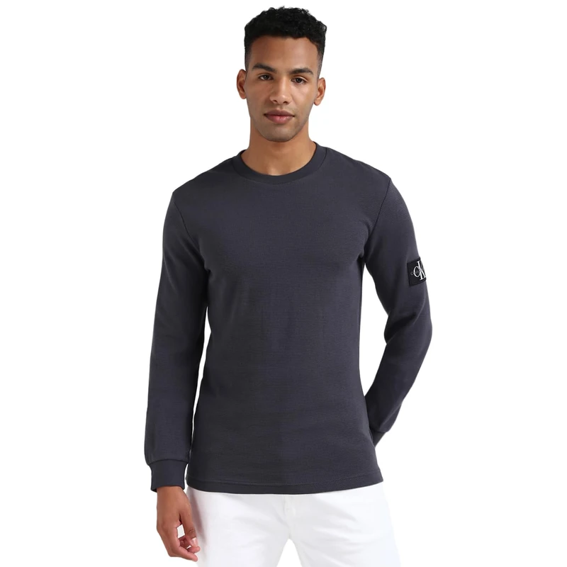 Calvin Klein Men’s Basic Badge Waffle Long Sleeve Top, Grey (Ebony), XS