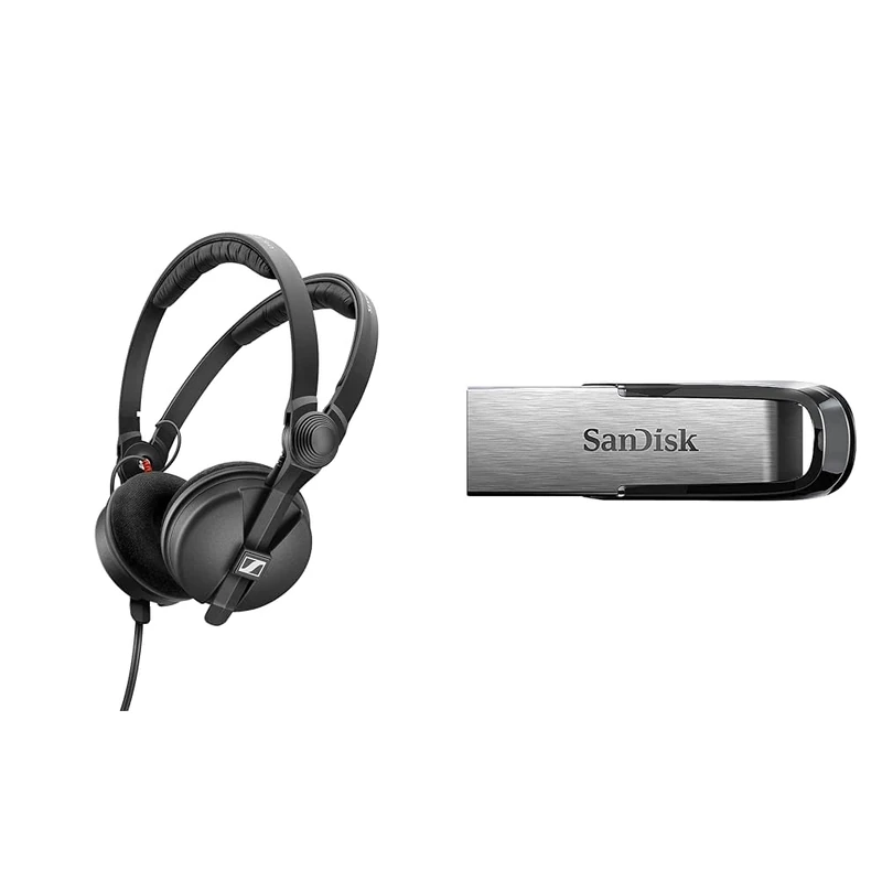 Sennheiser HD 25 Special Edition Closed-Back On-Ear Headphones, Includes Exclusive Carry Case and Velour Ear Pads color Black & SanDisk 128GB Ultra Flair USB 3.0 Flash Drive