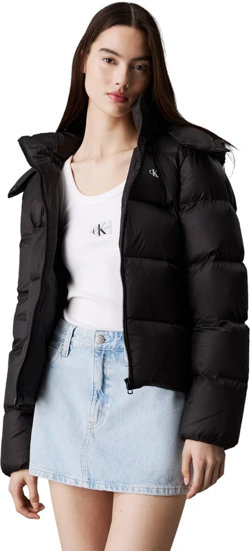 Calvin Klein Women’s Short Down Puffer Jacket with Hood, Black (Ck Black), 3XL