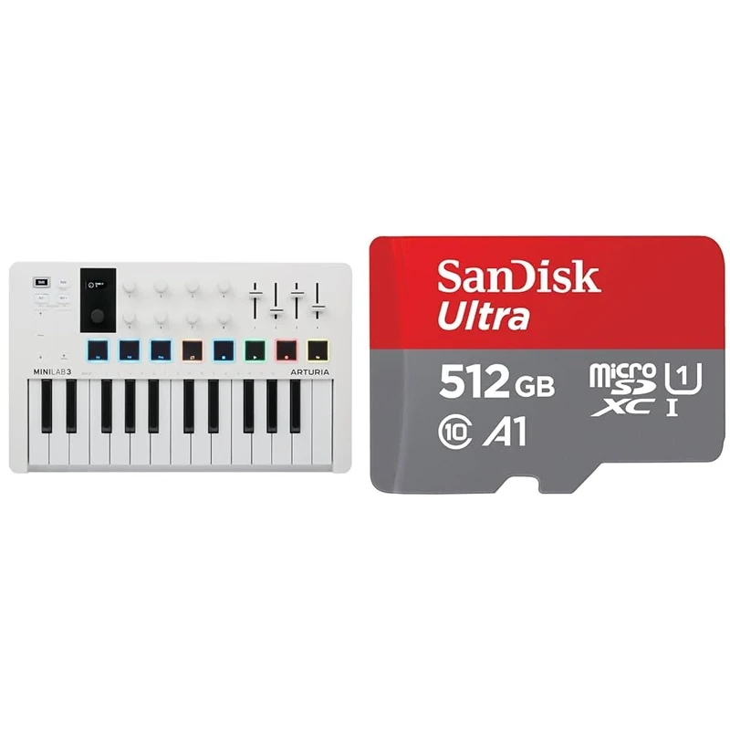 Arturia - MiniLab 3 - Universal MIDI Controller for Music Production & SanDisk 512GB Ultra microSDXC card + SD adapter up to 150 MB/s with A1 App Performance UHS-I Class 10 U1