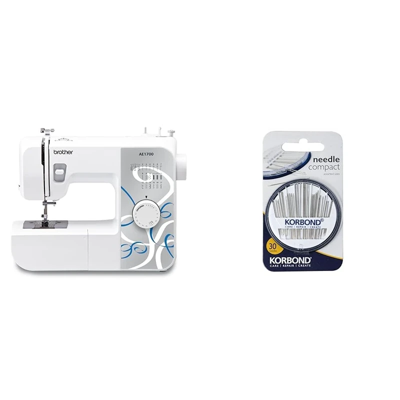 Brother AE1700 17-Stitch Sewing Machine & Korbond 30 Piece NEEDLE COMPACT by Korbond – Needle Assortment for a multitude of hand sewing, Betweens Tapestry & Darning Needles