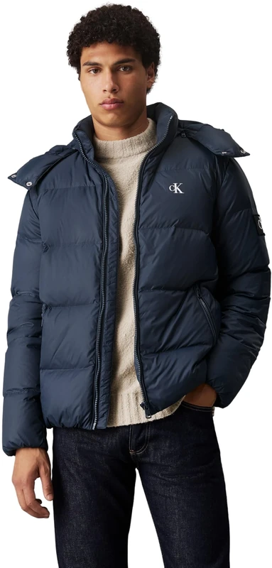 Calvin Klein Men’s Essentials Down Puffer Jacket with Hood, Blue (Ink), XL