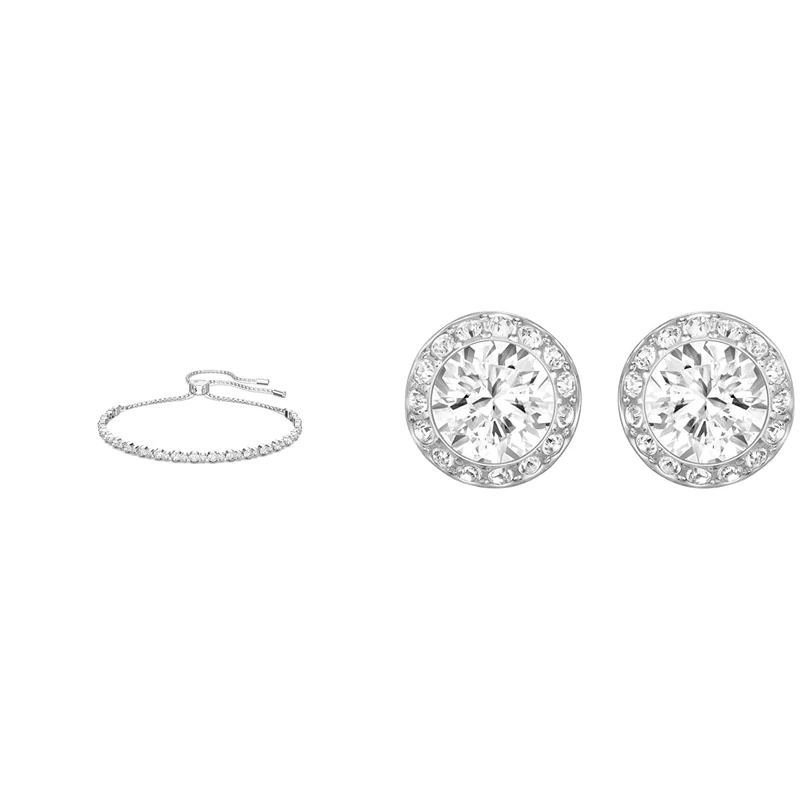 Swarovski Subtle Trilogy bracelet, White, Rhodium plated & Angelic stud earrings, Round cut, White, Rhodium plated