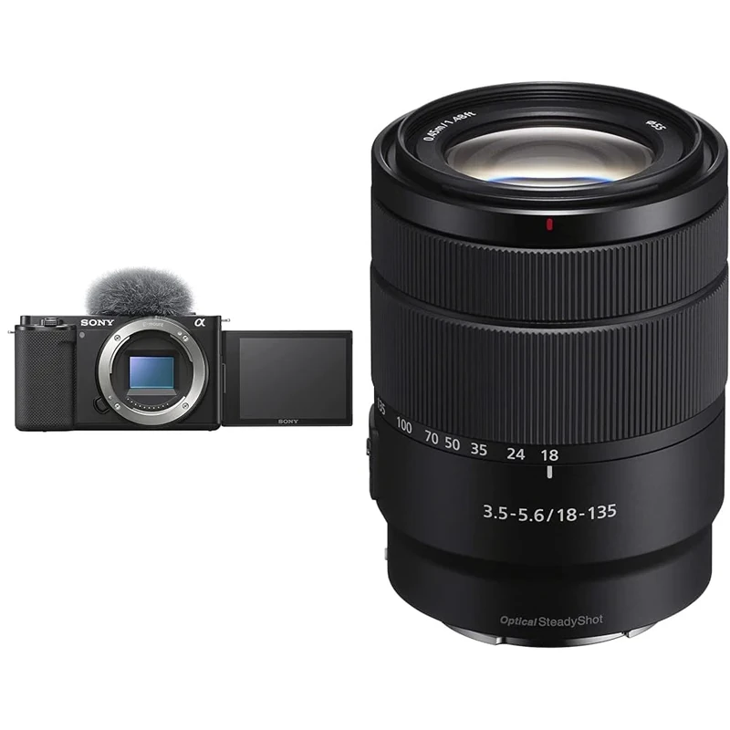 Sony Alpha ZV-E10 APS-C Mirrorless Interchangeable Lens Vlog Camera (Pivoting Screen for Vlogging, 4K Video, Real-Time Eye Auto Focus) Black & SEL18135, E 18-135mm F3.5-5.6 OSS E-Mount Lens