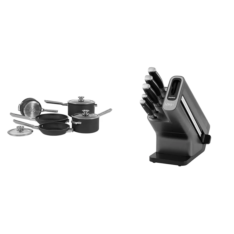 Ninja ZEROSTICK Stackable Cookware 5-Piece Pan Set, 3 Saucepans with Oven-Safe Glass Lids & 2 Frying Pans, Grey, C55000UK & Foodi StaySharp Knife Block with Integrated Sharpener, 5-Piece Knife Set